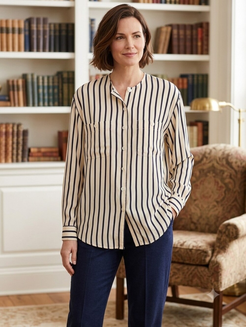 Talbots 100% Silk Navy  and Cream Striped Blouse